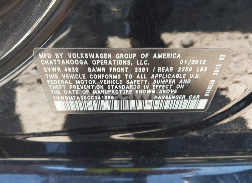 Photo 9 of 2012 Volkswagen Passat 3.6L V6 SE (VIN 1VWBM7A33CC041656)