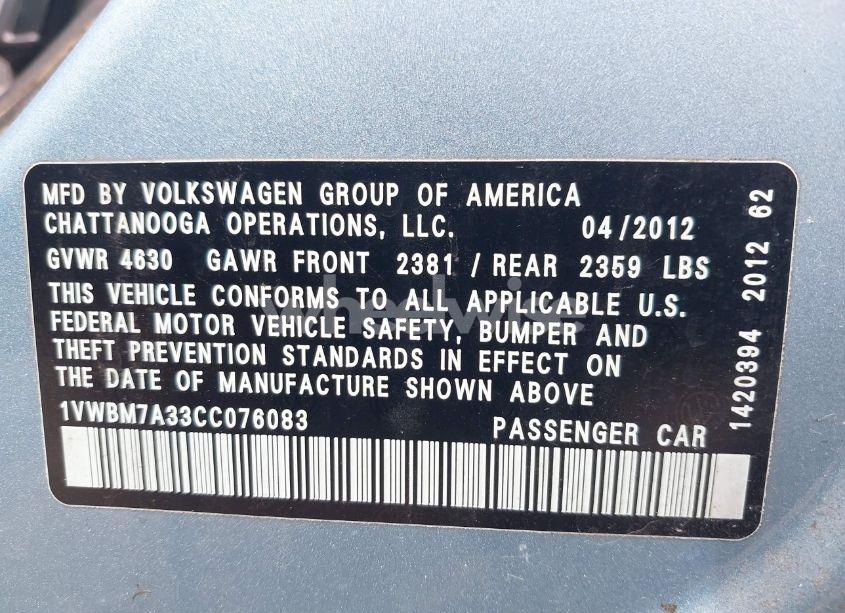 Photo 12 of 2012 Volkswagen Passat 3.6L V6 SE (VIN 1VWBM7A33CC076083)