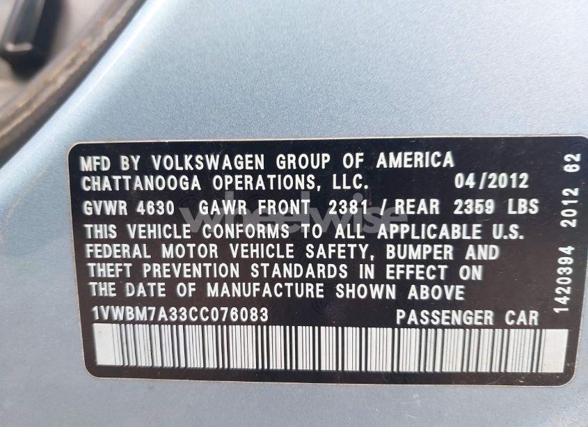 Photo 9 of 2012 Volkswagen Passat 3.6L V6 SE (VIN 1VWBM7A33CC076083)
