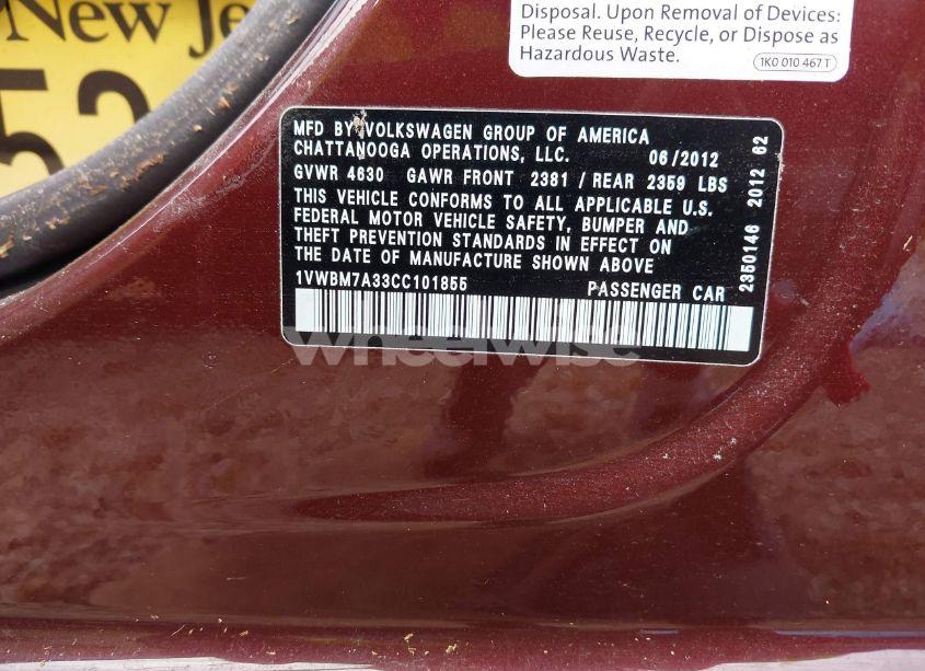 Photo 9 of 2012 Volkswagen Passat 3.6L V6 SE (VIN 1VWBM7A33CC101855)