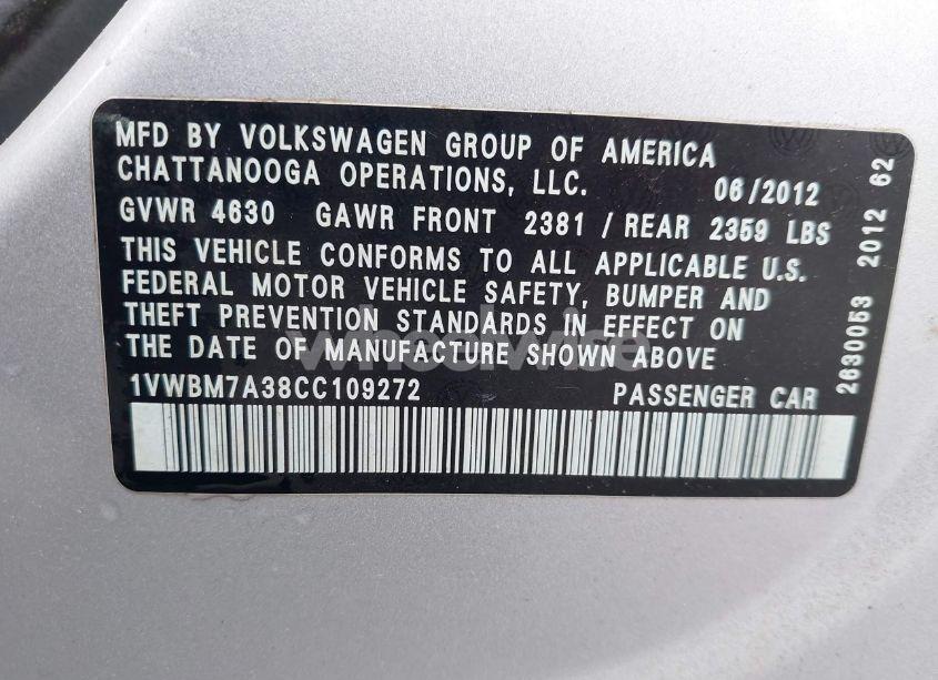 Photo 9 of 2012 Volkswagen Passat 3.6L V6 SE (VIN 1VWBM7A38CC109272)