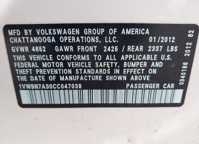Photo 9 of 2012 Volkswagen Passat 2.0L TDI SE (VIN 1VWBN7A30CC047038)