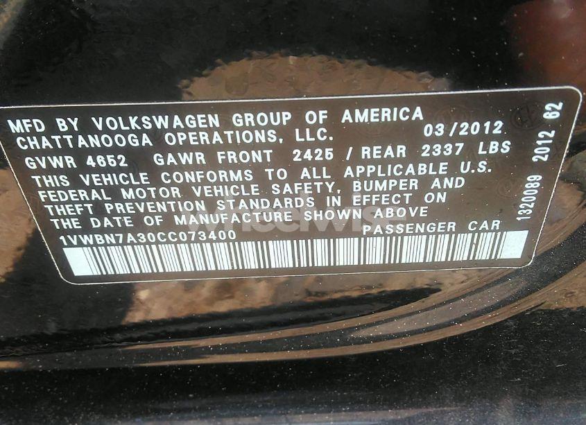 Photo 9 of 2012 Volkswagen Passat 2.0L TDI SE (VIN 1VWBN7A30CC073400)