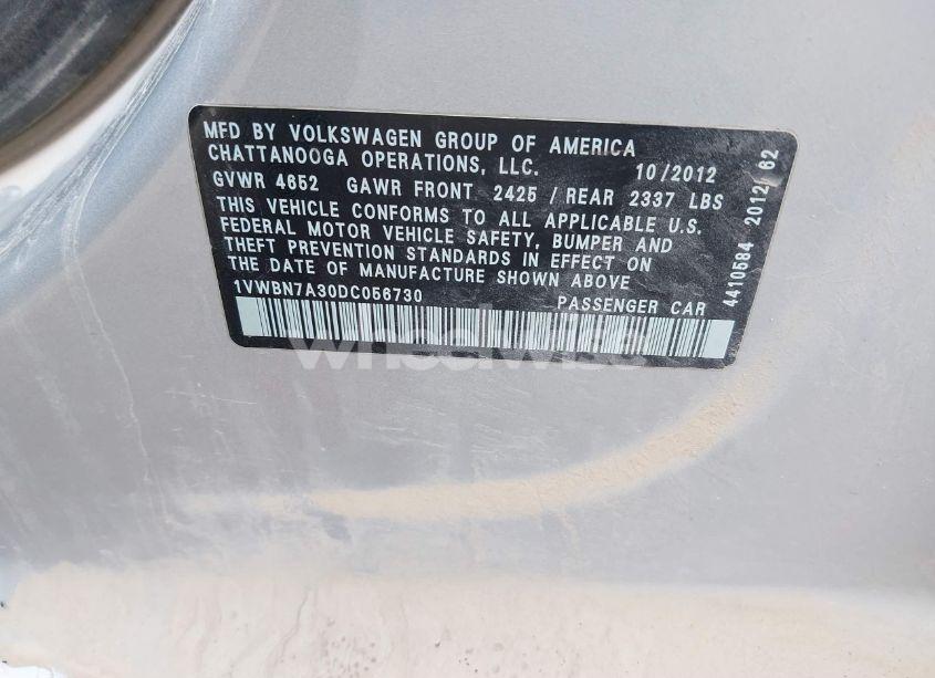 Photo 9 of 2013 Volkswagen Passat 2.0L TDI SE (VIN 1VWBN7A30DC056730)
