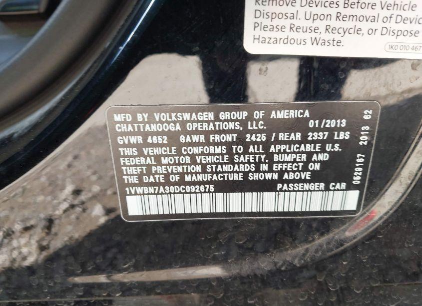 Photo 9 of 2013 Volkswagen Passat 2.0L TDI SE (VIN 1VWBN7A30DC092675)