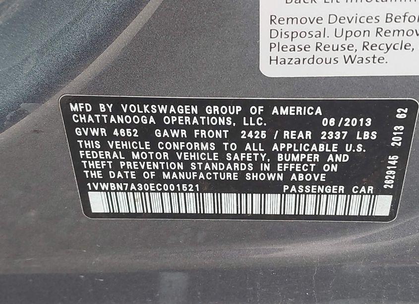Photo 9 of 2014 Volkswagen Passat 2.0L TDI SE (VIN 1VWBN7A30EC001521)