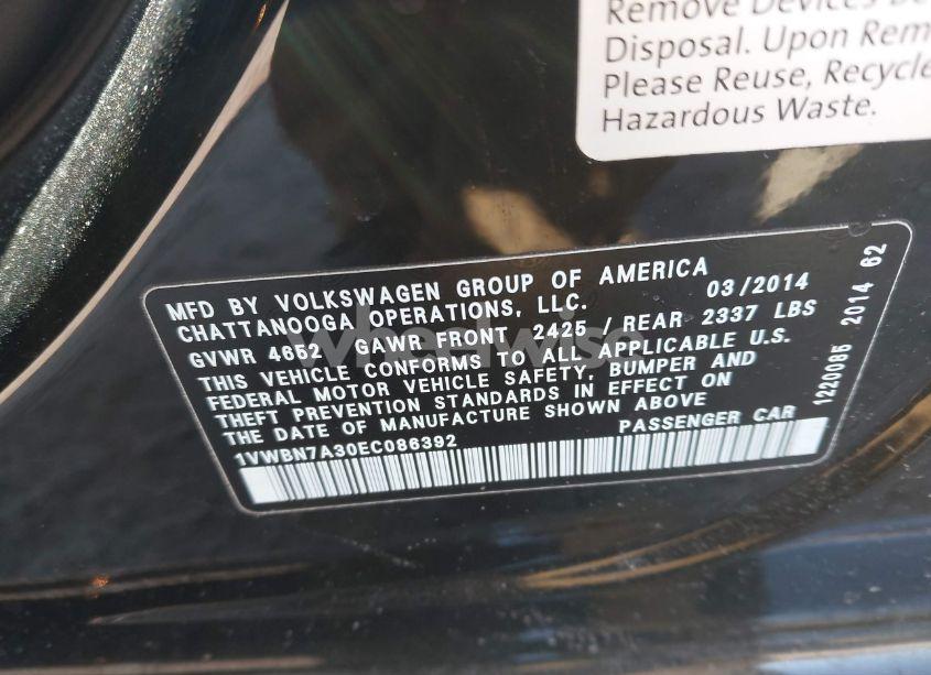 Photo 9 of 2014 Volkswagen Passat 2.0L TDI SE (VIN 1VWBN7A30EC086392)