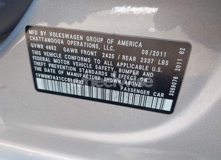 Photo 9 of 2012 Volkswagen Passat 2.0L TDI SE (VIN 1VWBN7A31CC010032)