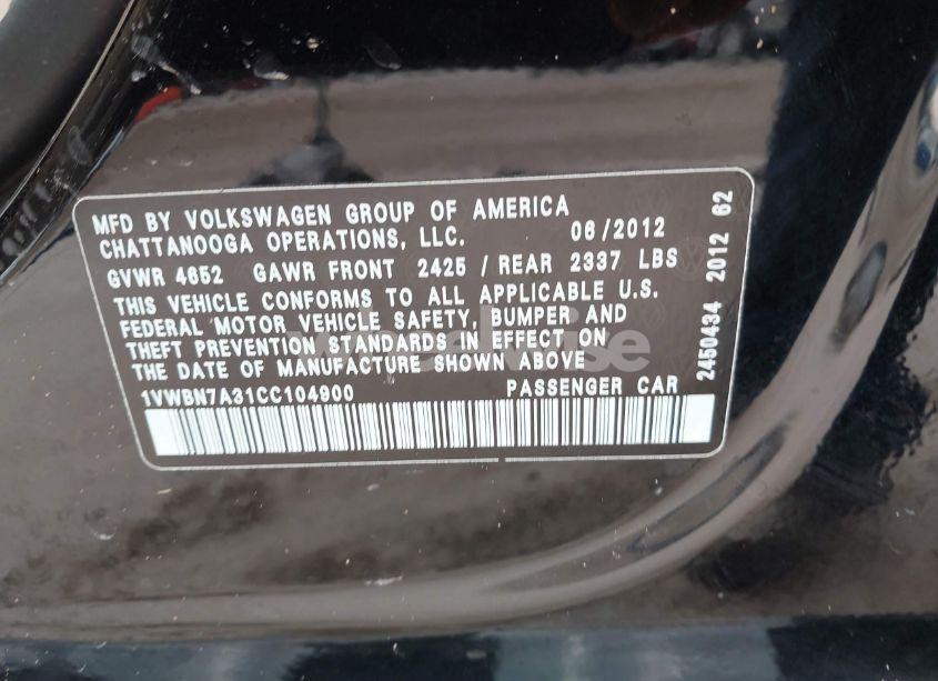 Photo 9 of 2012 Volkswagen Passat 2.0L TDI SE (VIN 1VWBN7A31CC104900)