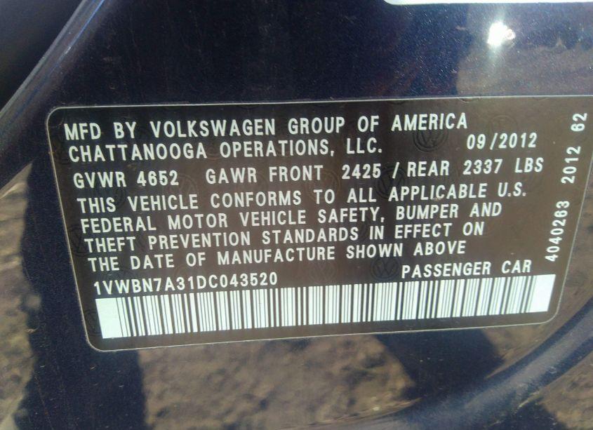 Photo 9 of 2013 Volkswagen Passat 2.0L TDI SE (VIN 1VWBN7A31DC043520)
