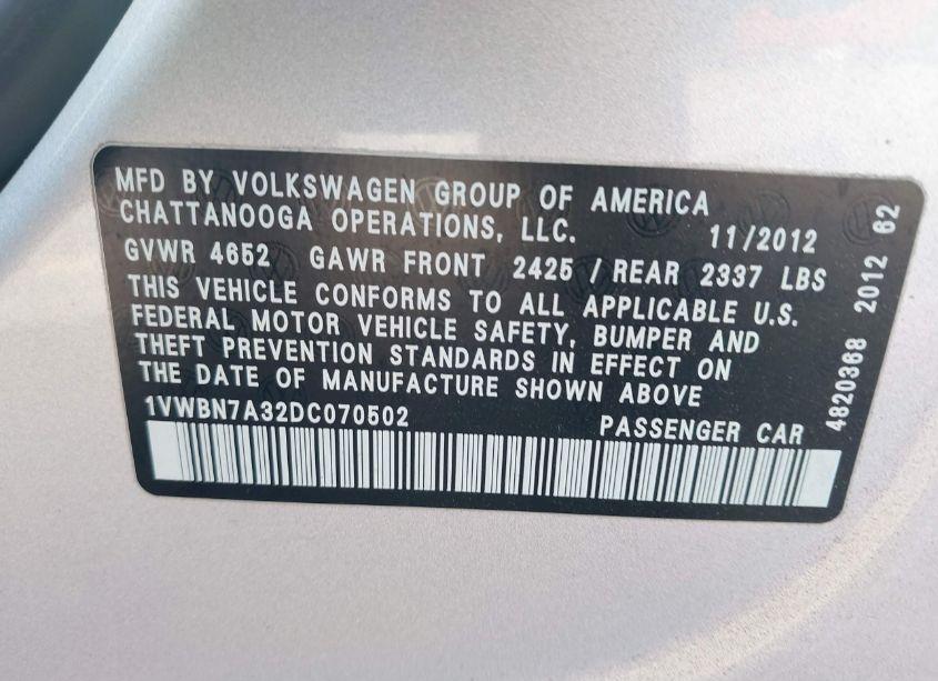 Photo 9 of 2013 Volkswagen Passat 2.0L TDI SE (VIN 1VWBN7A32DC070502)