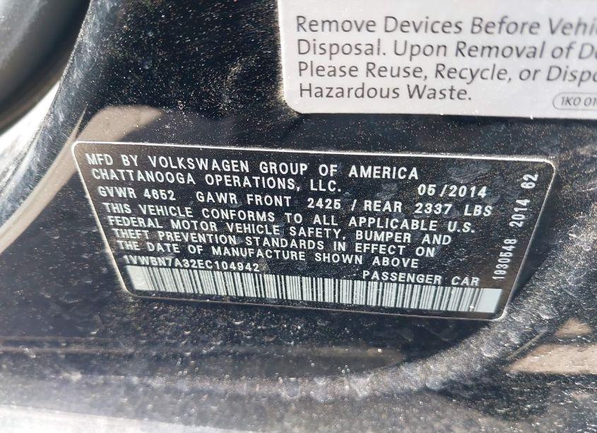 Photo 9 of 2014 Volkswagen Passat 2.0L TDI SE (VIN 1VWBN7A32EC104942)