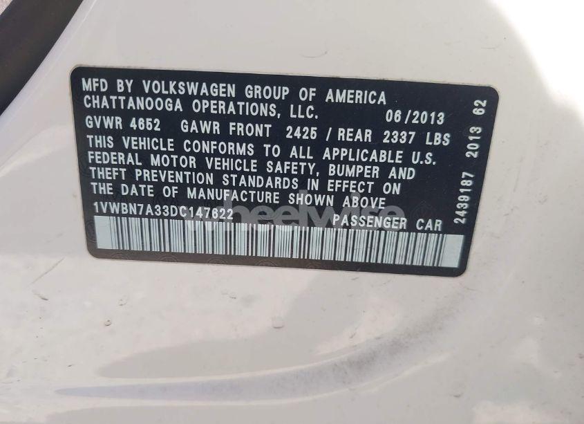 Photo 9 of 2013 Volkswagen Passat 2.0L TDI SE (VIN 1VWBN7A33DC147622)