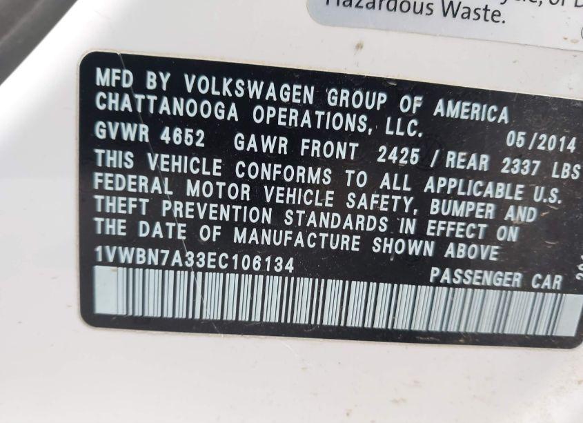 Photo 9 of 2014 Volkswagen Passat 2.0L TDI SE (VIN 1VWBN7A33EC106134)