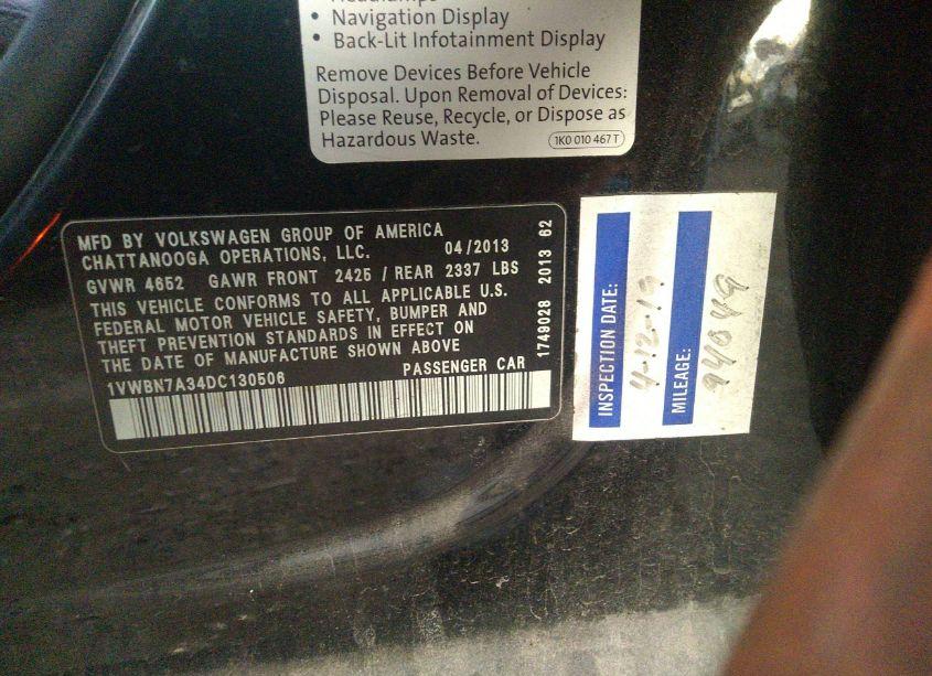 Photo 9 of 2013 Volkswagen Passat 2.0L TDI SE (VIN 1VWBN7A34DC130506)