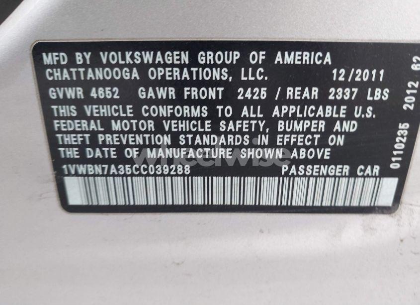 Photo 9 of 2012 Volkswagen Passat 2.0L TDI SE (VIN 1VWBN7A35CC039288)