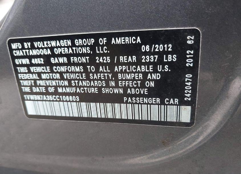 Photo 9 of 2012 Volkswagen Passat 2.0L TDI SE (VIN 1VWBN7A35CC106603)