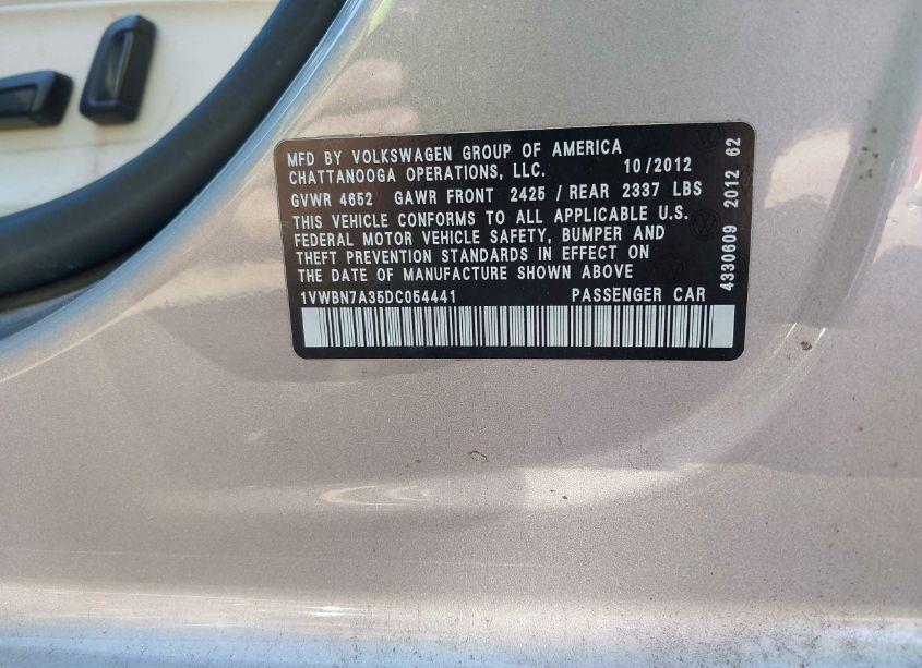 Photo 9 of 2013 Volkswagen Passat 2.0L TDI SE (VIN 1VWBN7A35DC054441)