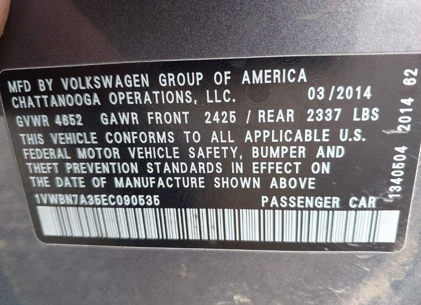 Photo 9 of 2014 Volkswagen Passat 2.0L TDI SE (VIN 1VWBN7A35EC090535)