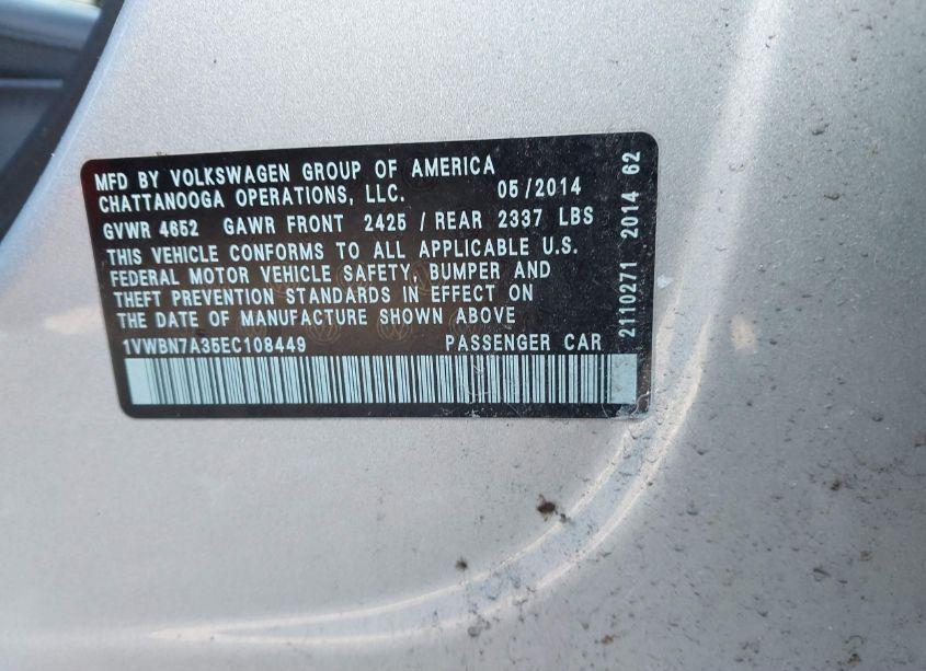 Photo 9 of 2014 Volkswagen Passat 2.0L TDI SE (VIN 1VWBN7A35EC108449)