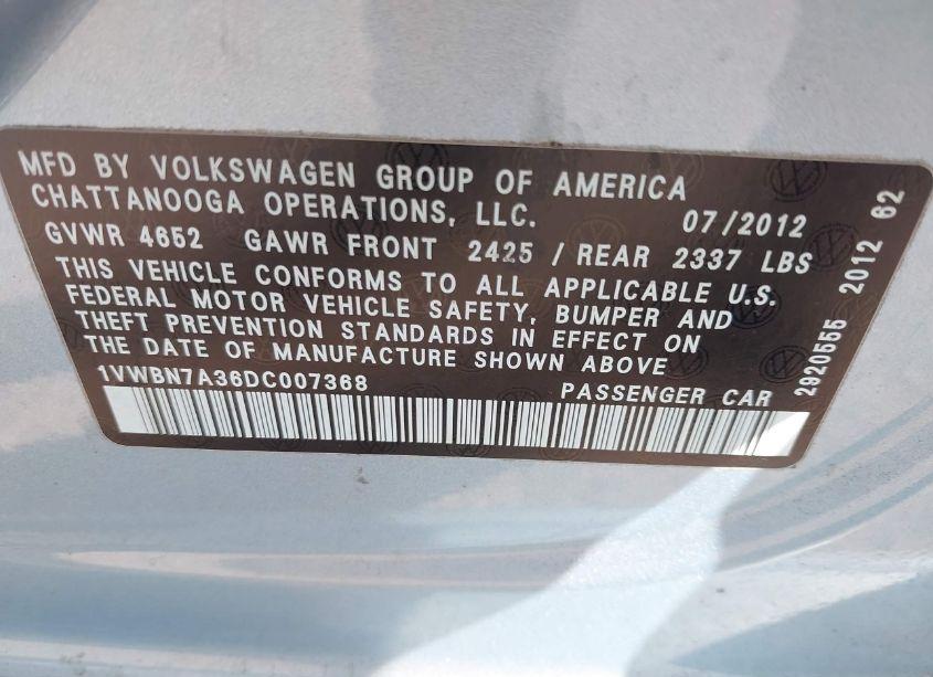 Photo 9 of 2013 Volkswagen Passat 2.0L TDI SE (VIN 1VWBN7A36DC007368)