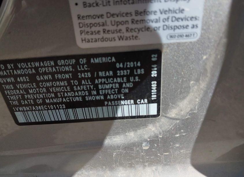 Photo 9 of 2014 Volkswagen Passat 2.0L TDI SE (VIN 1VWBN7A36EC101123)