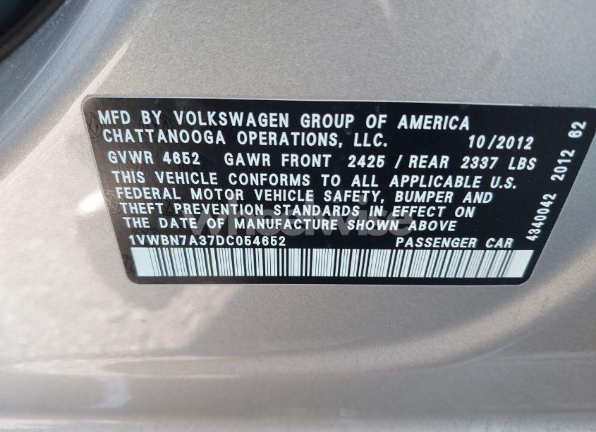 Photo 9 of 2013 Volkswagen Passat 2.0L TDI SE (VIN 1VWBN7A37DC054652)