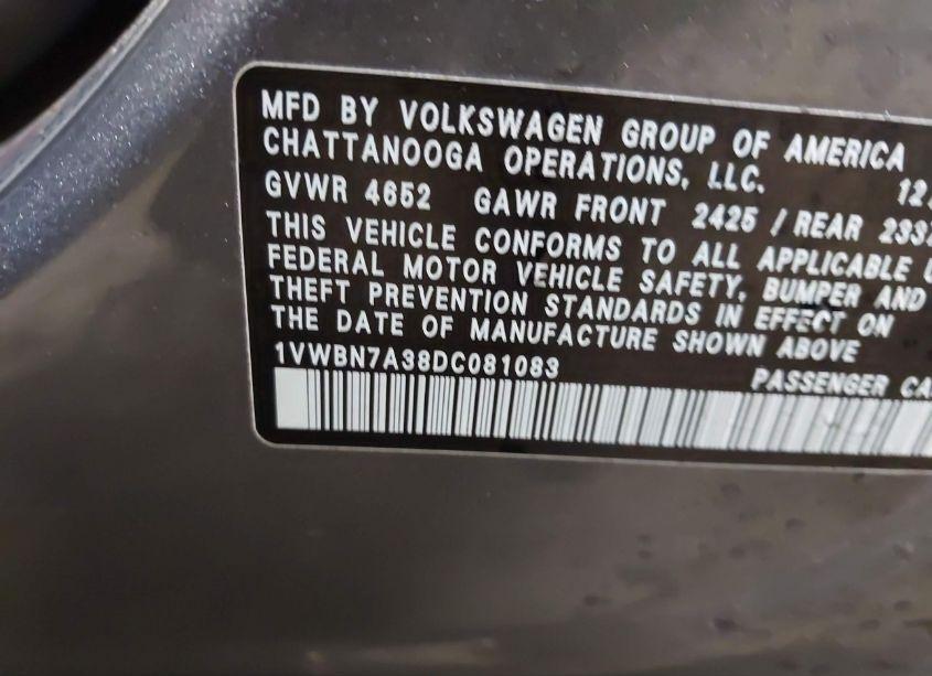 Photo 9 of 2013 Volkswagen Passat 2.0L TDI SE (VIN 1VWBN7A38DC081083)