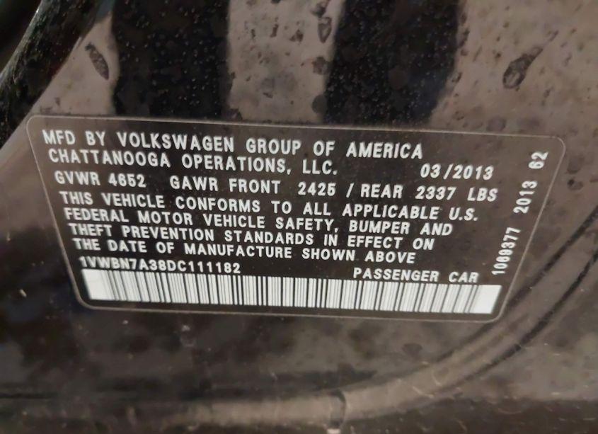 Photo 9 of 2013 Volkswagen Passat 2.0L TDI SE (VIN 1VWBN7A38DC111182)