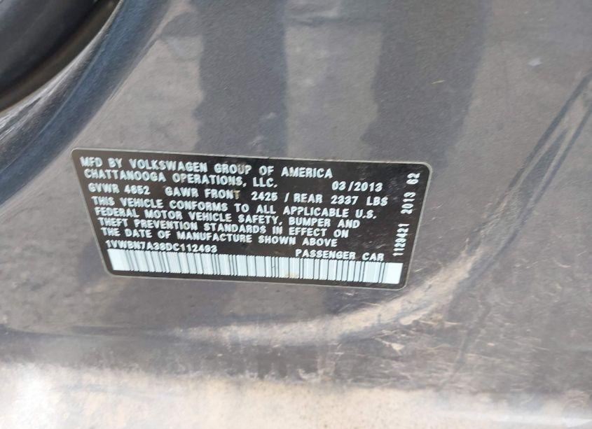 Photo 9 of 2013 Volkswagen Passat 2.0L TDI SE (VIN 1VWBN7A38DC112493)