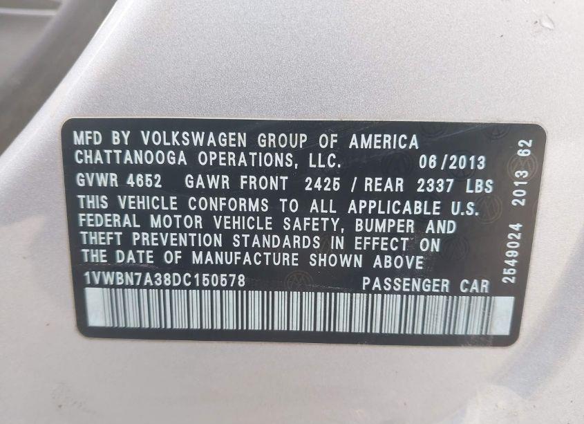 Photo 9 of 2013 Volkswagen Passat 2.0L TDI SE (VIN 1VWBN7A38DC150578)