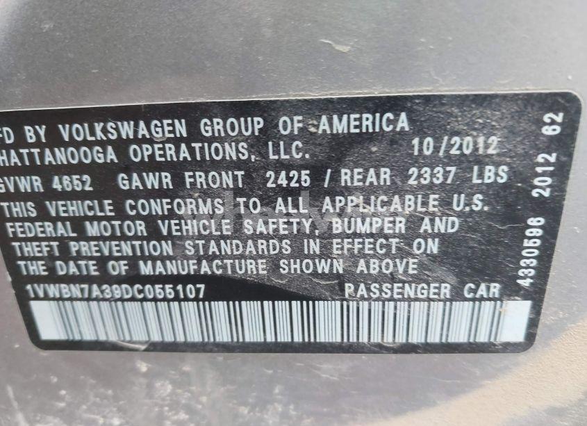 Photo 9 of 2013 Volkswagen Passat 2.0L TDI SE (VIN 1VWBN7A39DC055107)