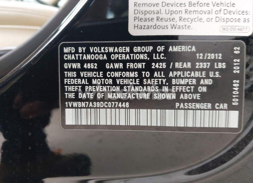 Photo 9 of 2013 Volkswagen Passat 2.0L TDI SE (VIN 1VWBN7A39DC077446)