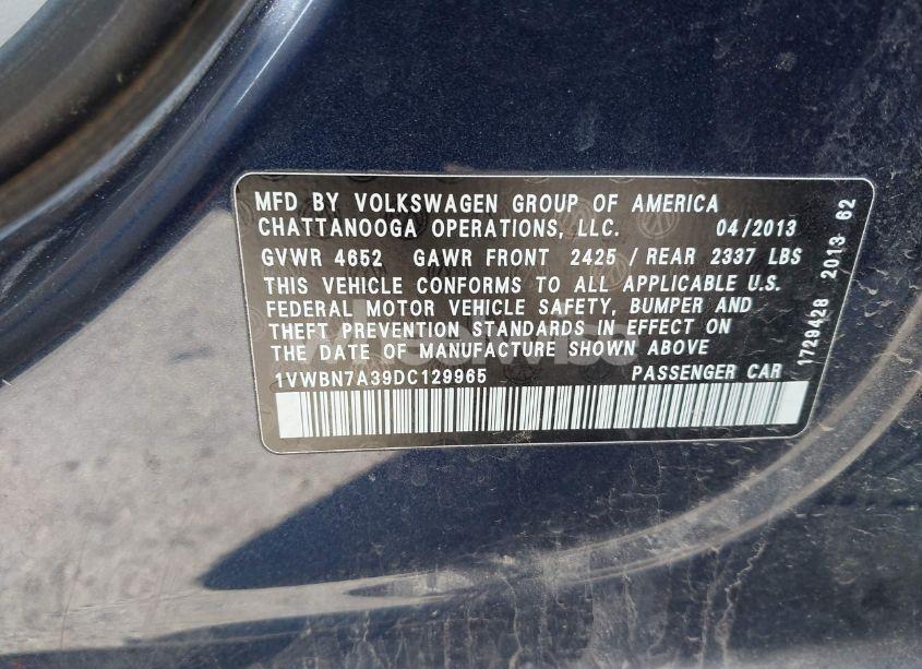 Photo 9 of 2013 Volkswagen Passat 2.0L TDI SE (VIN 1VWBN7A39DC129965)