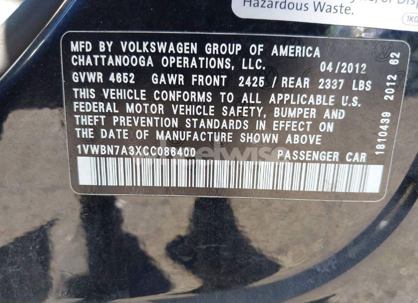 Photo 9 of 2012 Volkswagen Passat 2.0L TDI SE (VIN 1VWBN7A3XCC086400)