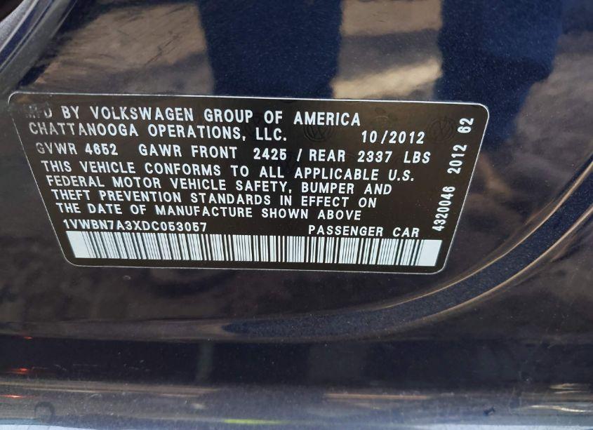 Photo 9 of 2013 Volkswagen Passat 2.0L TDI SE (VIN 1VWBN7A3XDC053057)