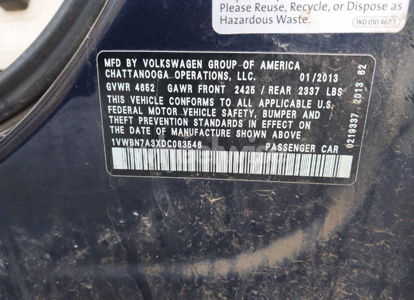 Photo 9 of 2013 Volkswagen Passat 2.0L TDI SE (VIN 1VWBN7A3XDC083546)