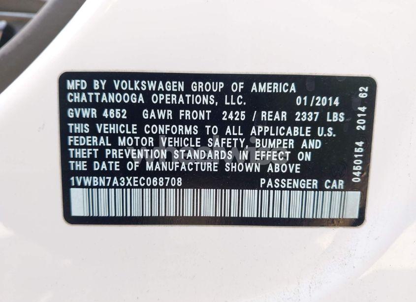 Photo 9 of 2014 Volkswagen Passat 2.0L TDI SE (VIN 1VWBN7A3XEC068708)