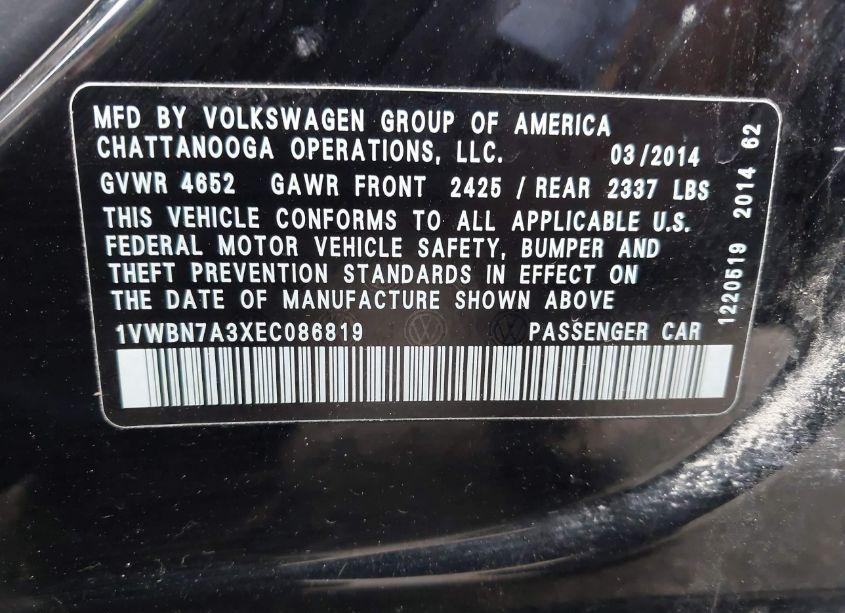 Photo 9 of 2014 Volkswagen Passat 2.0L TDI SE (VIN 1VWBN7A3XEC086819)