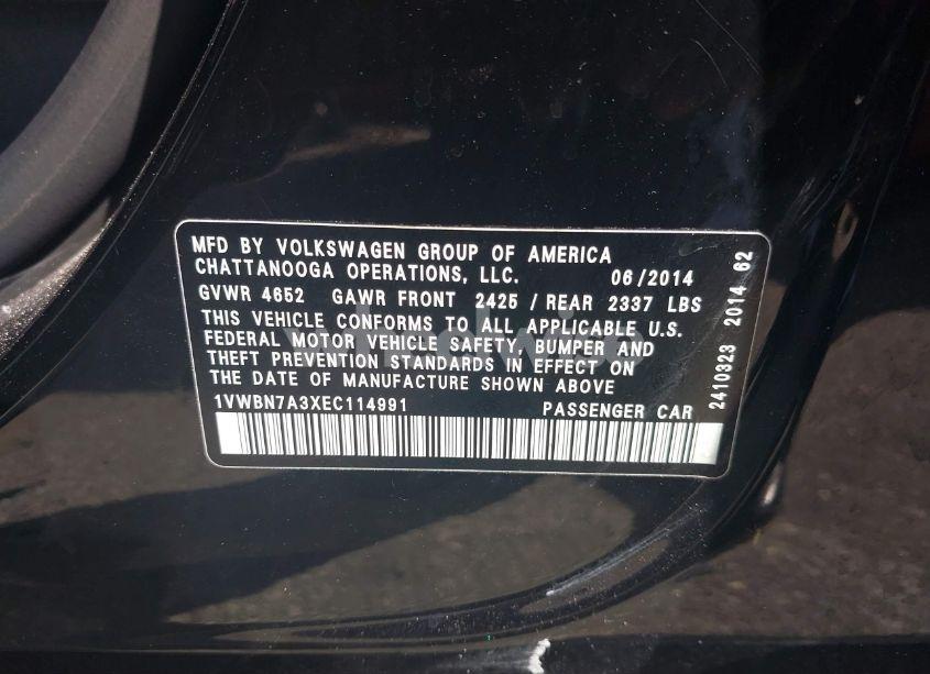 Photo 9 of 2014 Volkswagen Passat 2.0L TDI SE (VIN 1VWBN7A3XEC114991)