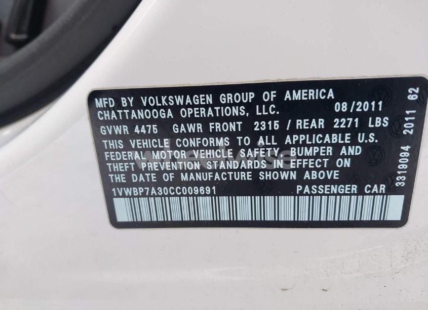 Photo 9 of 2012 Volkswagen Passat 2.5L SE (VIN 1VWBP7A30CC009691)