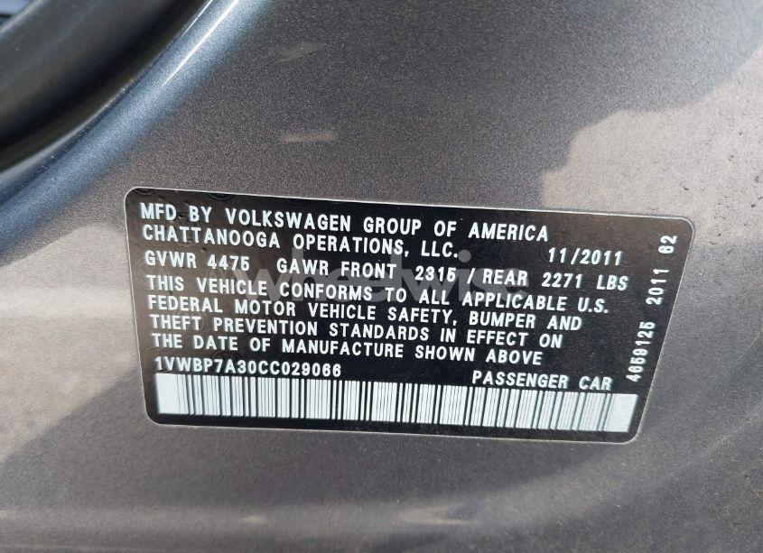 Photo 9 of 2012 Volkswagen Passat 2.5L SE (VIN 1VWBP7A30CC029066)