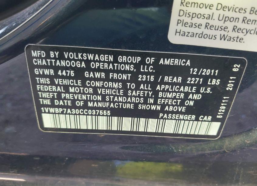 Photo 9 of 2012 Volkswagen Passat 2.5L SE (VIN 1VWBP7A30CC037555)