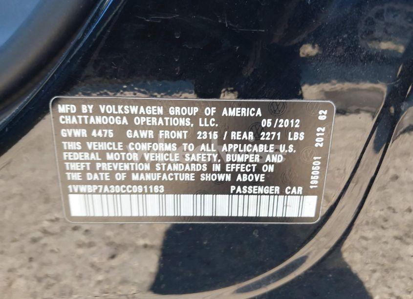 Photo 9 of 2012 Volkswagen Passat 2.5L SE (VIN 1VWBP7A30CC091163)