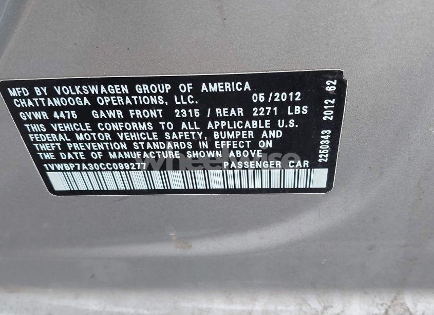 Photo 9 of 2012 Volkswagen Passat 2.5L SE (VIN 1VWBP7A30CC099277)