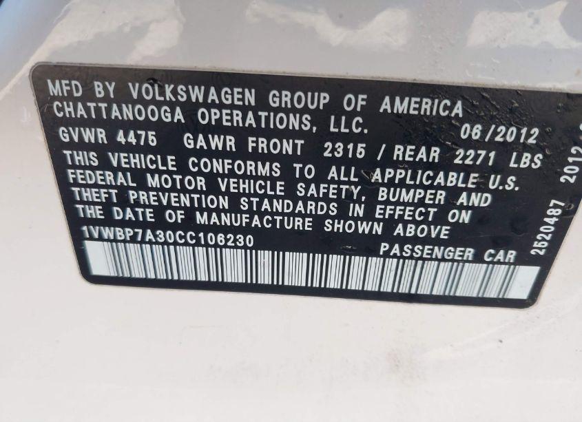 Photo 9 of 2012 Volkswagen Passat 2.5L SE (VIN 1VWBP7A30CC106230)
