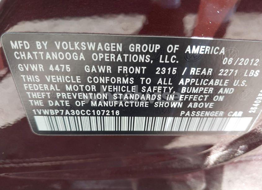 Photo 9 of 2012 Volkswagen Passat 2.5L SE (VIN 1VWBP7A30CC107216)