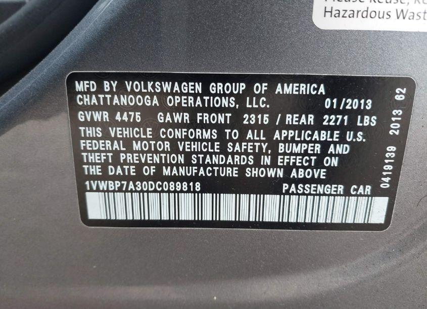 Photo 9 of 2013 Volkswagen Passat 2.5L SE (VIN 1VWBP7A30DC089818)