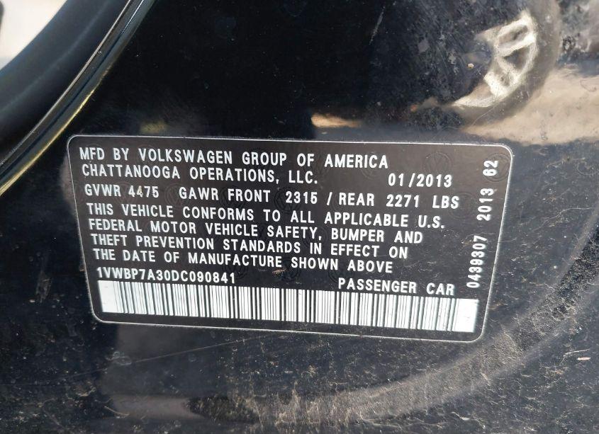 Photo 9 of 2013 Volkswagen Passat 2.5L SE (VIN 1VWBP7A30DC090841)
