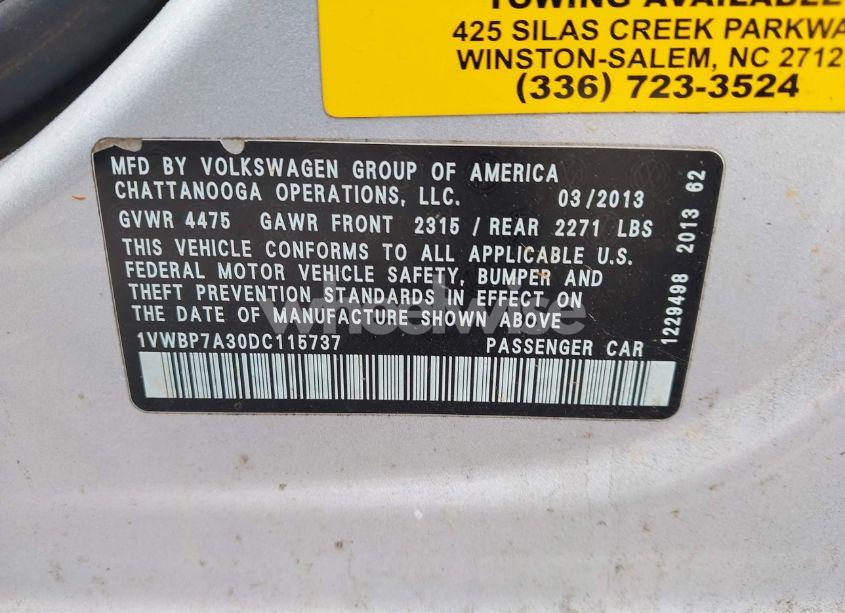 Photo 9 of 2013 Volkswagen Passat 2.5L SE (VIN 1VWBP7A30DC115737)